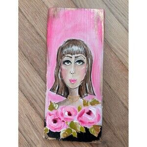 Stylized Portrait Woman Brown Hair Brown Eyes  Pink Gold Black Rectangular